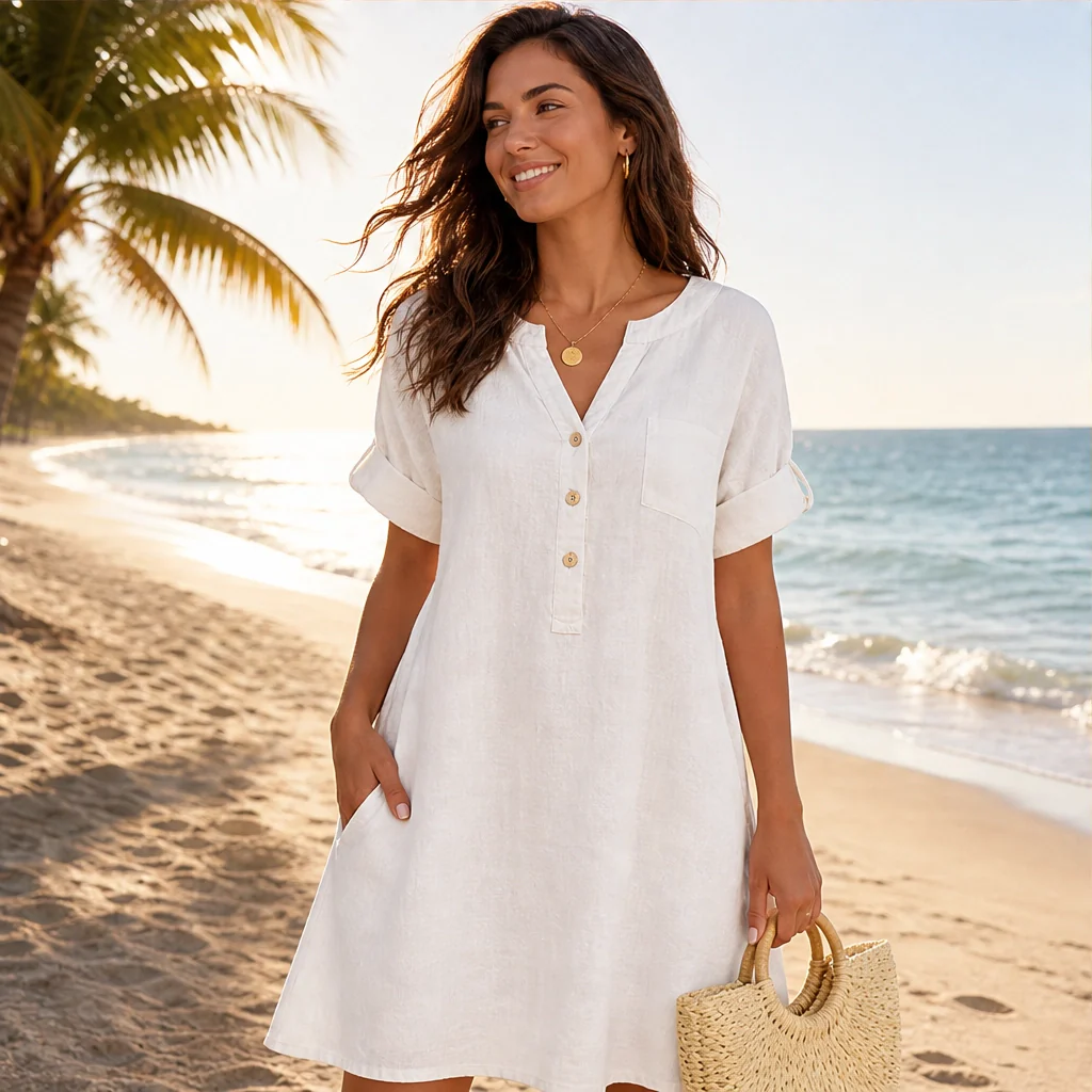 Willowmere™ – V-Neck Cotton-Blend Tunic Dress with Pockets + 50 % OFF - Image 2