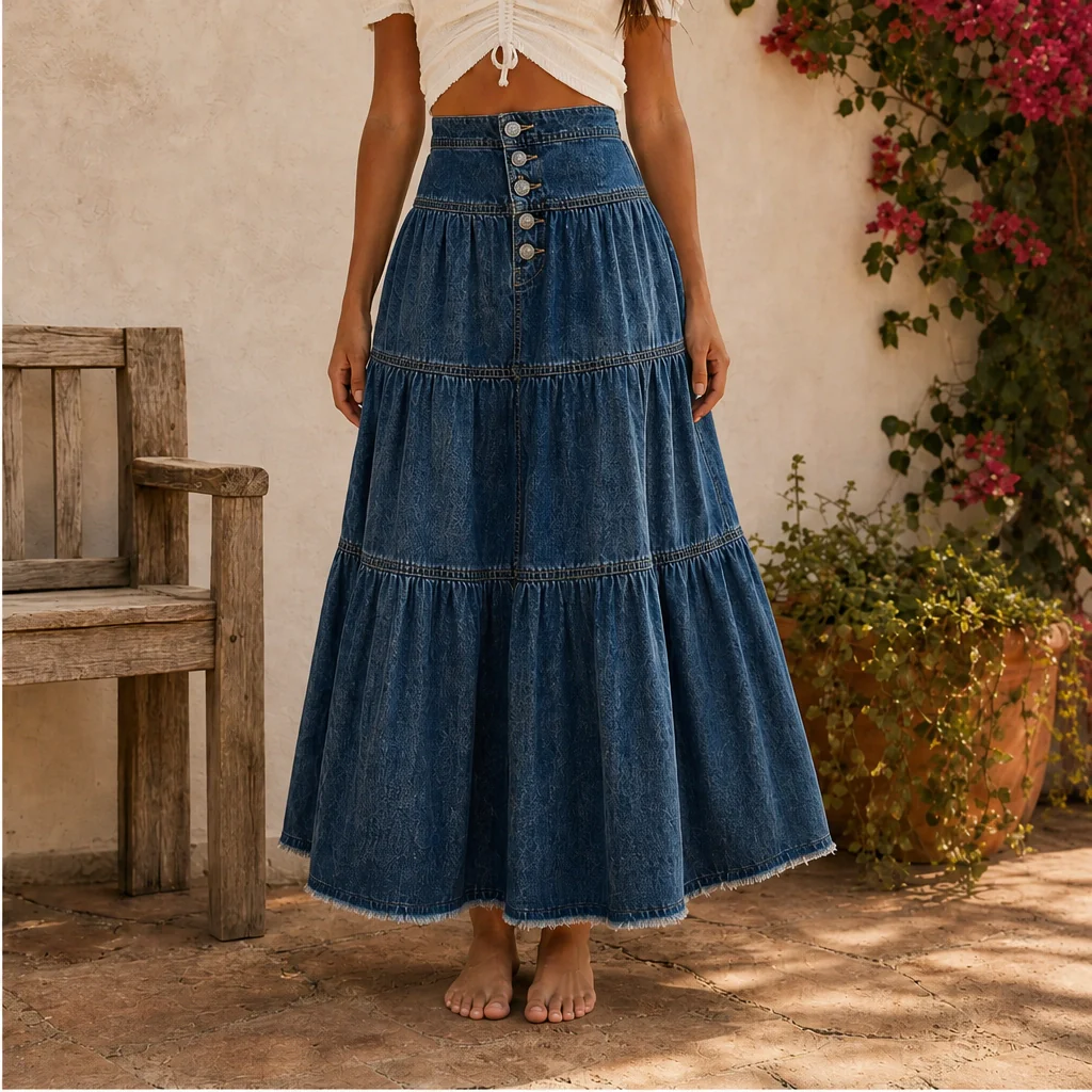 Verena™ – High-Waisted Tiered A-Line Denim Maxi Skirt + 50% OFF - Image 14