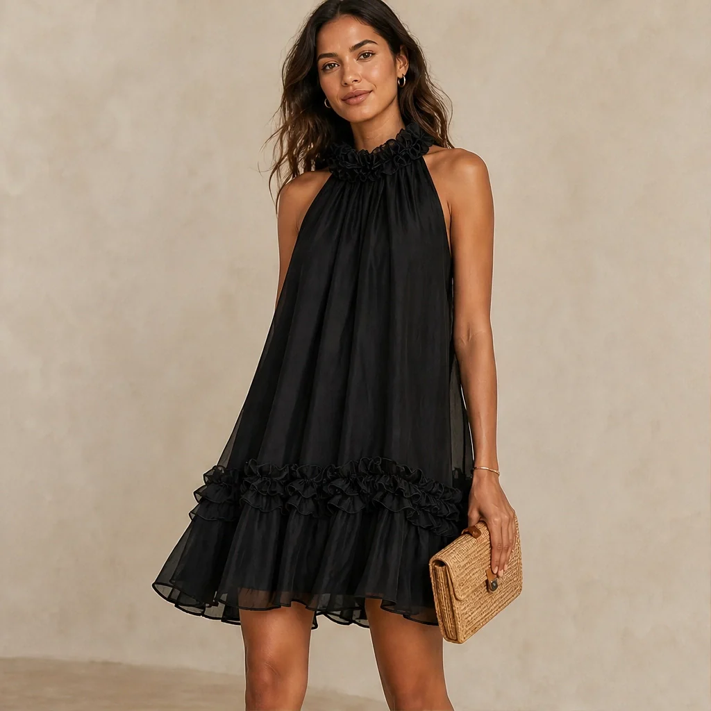 Soirelle™ – Ruffle-Neck Chiffon Sleeveless Mini Dress + 50% OFF