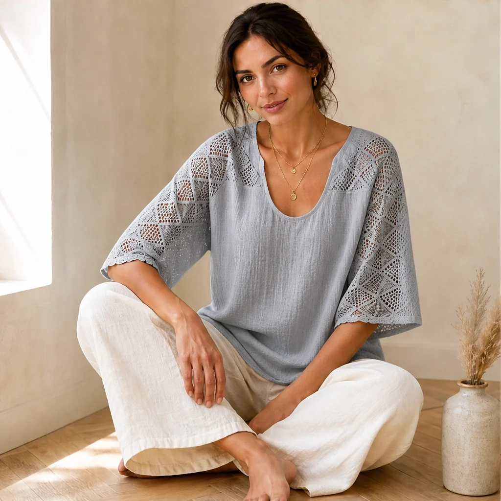Brisa™ – Lace Openwork U-Neck Short-Sleeve Blouse + 50% OFF - Image 12