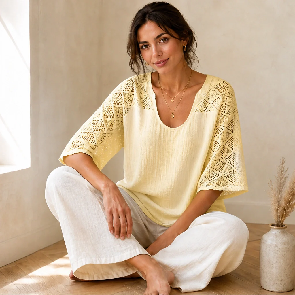 Brisa™ – Lace Openwork U-Neck Short-Sleeve Blouse + 50% OFF - Image 8