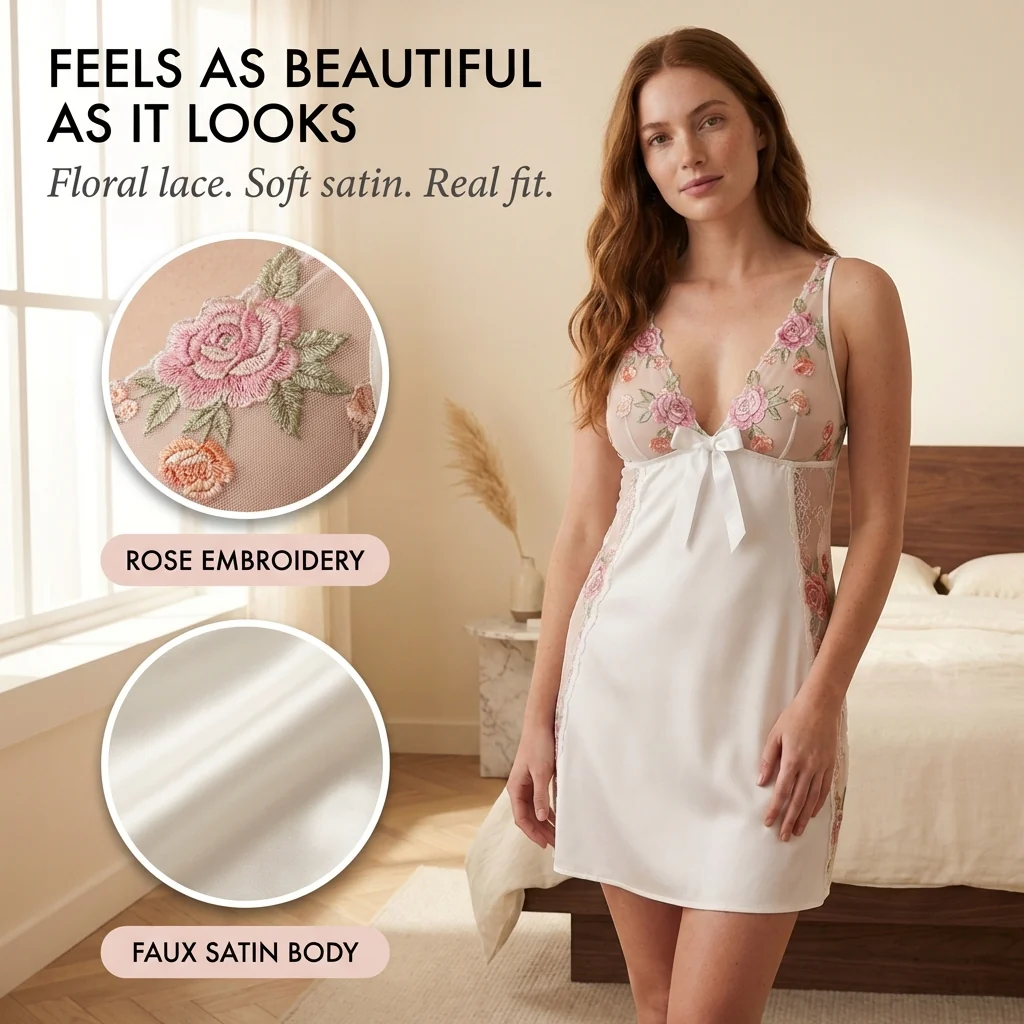 Rosenne™ – Floral Embroidered Lace & Satin Chemise Nightgown +50% OFF - Image 5