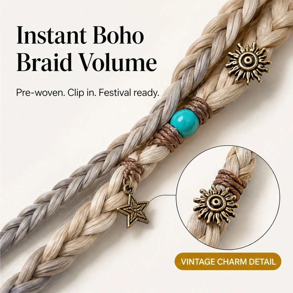 Solmane – Boho Pre-Braided Clip-In Hair Extensions with Beads, 20" (2 Pcs) +50% OFF - Image 5