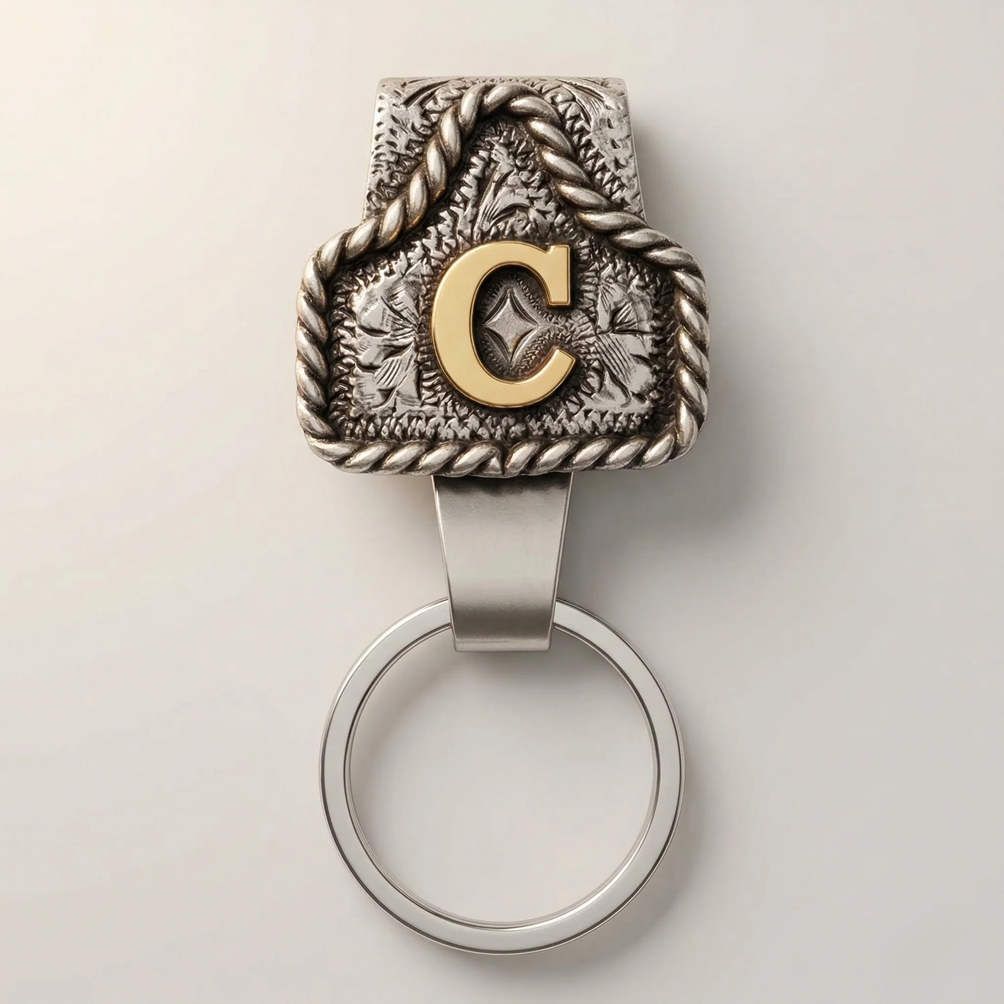 Conchofield™ – Western Initial Belt Clip Keychain, A-Z Letters, Engraved Concho Design + 50% OFF