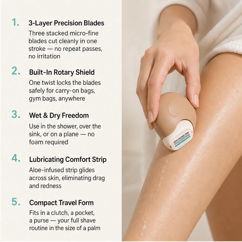 Nomadge – Triple-Blade Rotating Travel Razor with Built-In Protective Cap + 50% OFF - Image 2