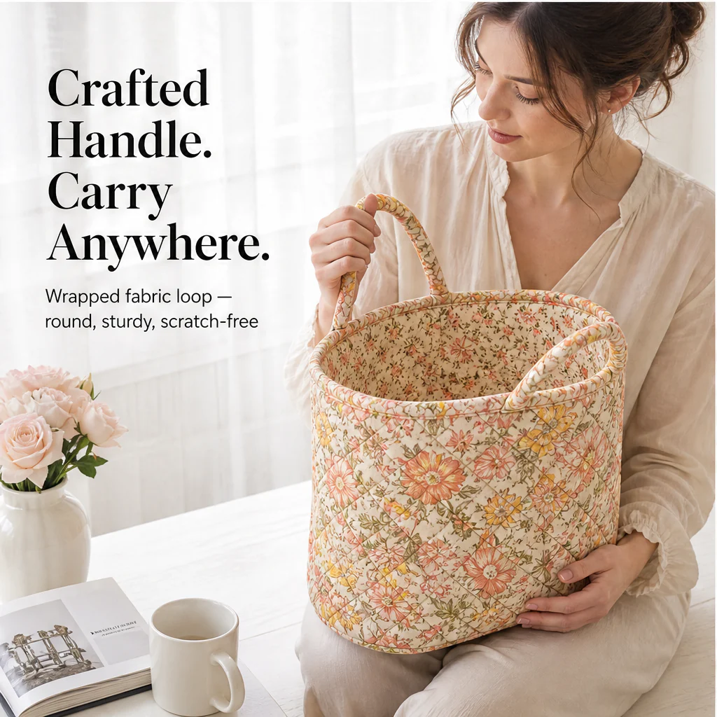 Meadowstow – Foldable Quilted Floral Storage Basket with Carry Handles + 50% OFF