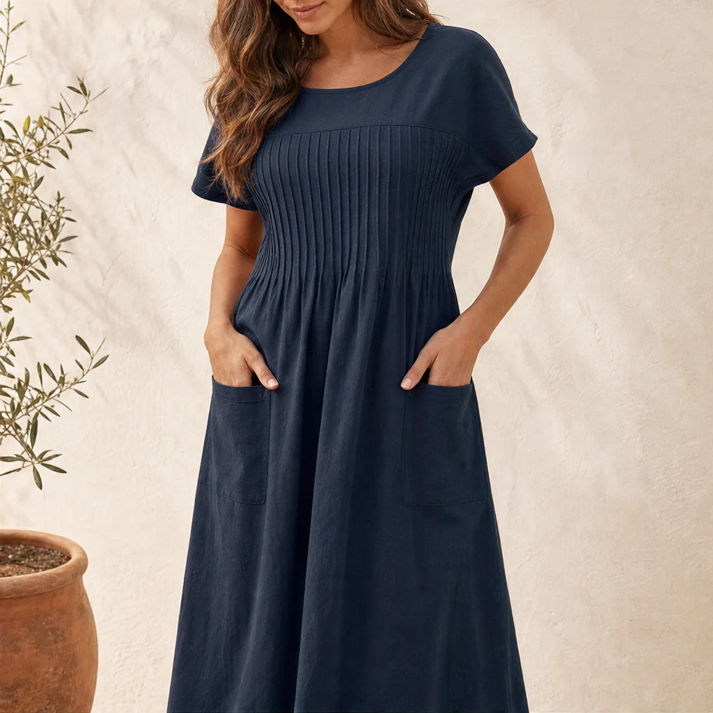 Solenne™ – Pleated Cotton-Linen Dress with Pockets + 50% OFF - Image 2