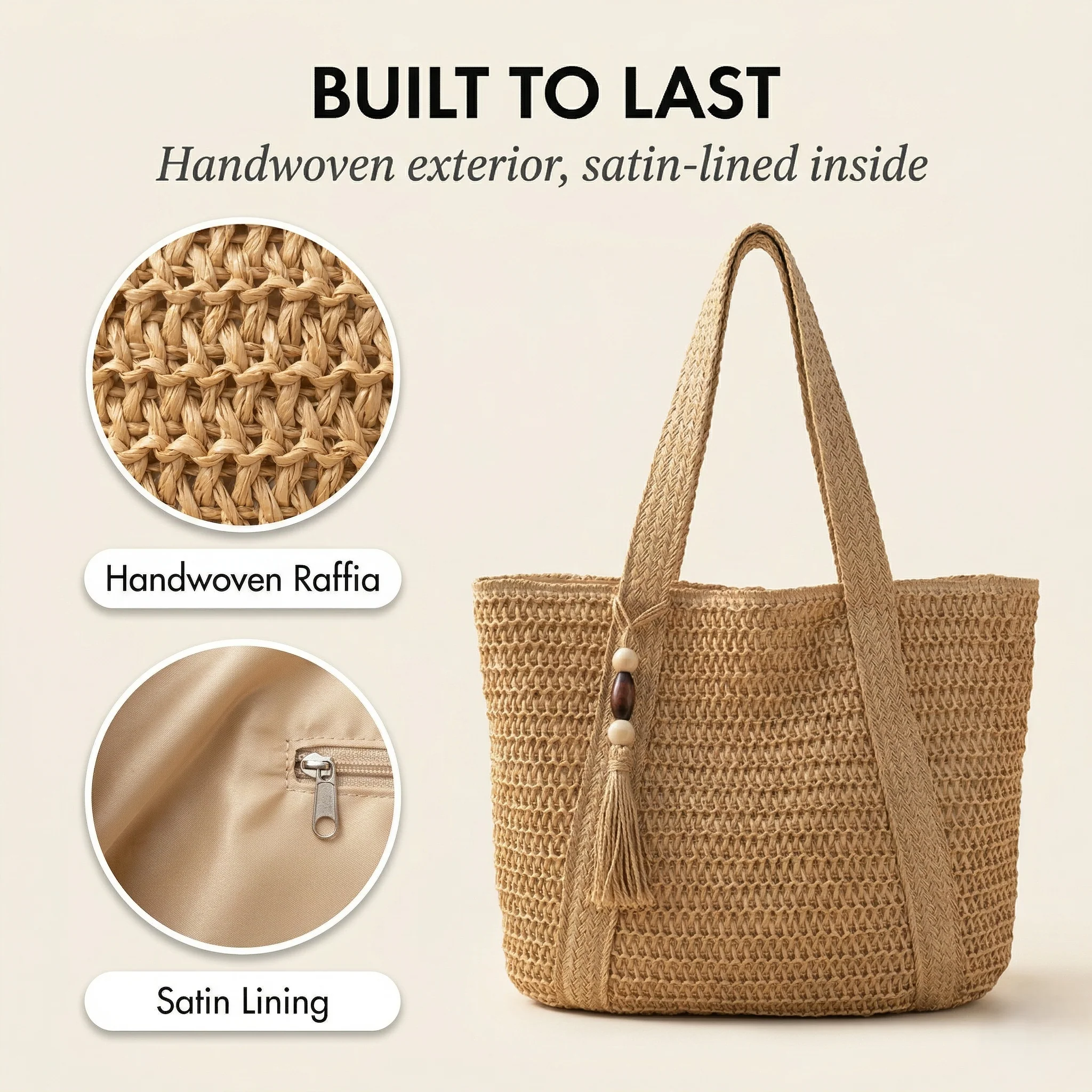 Tassara™ – Woven Straw Tote Bag with Zipper, Tassel & Boho Style + 50% OFF - Image 5