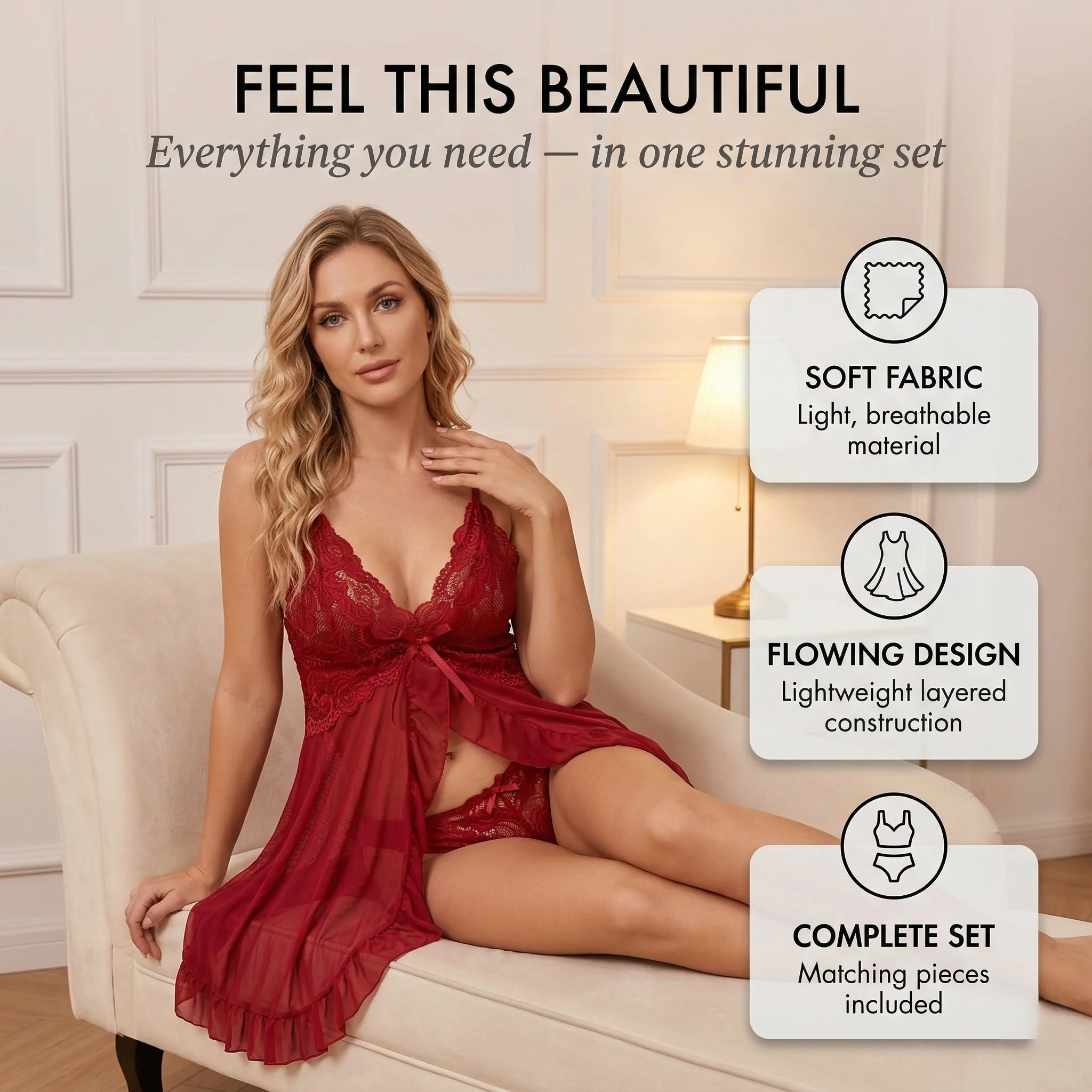 Dentella™ – Lace V-Neck Babydoll & Thong Lingerie Set + 50% OFF - Image 4