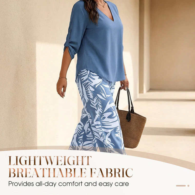 Vinella™ – Elegant V-Neck Top & Leaf-Print Wide-Leg Pants Set + 50% OFF - Image 3