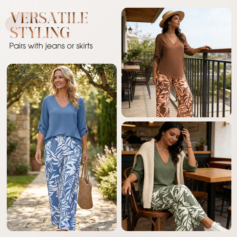 Vinella™ – Elegant V-Neck Top & Leaf-Print Wide-Leg Pants Set + 50% OFF - Image 7