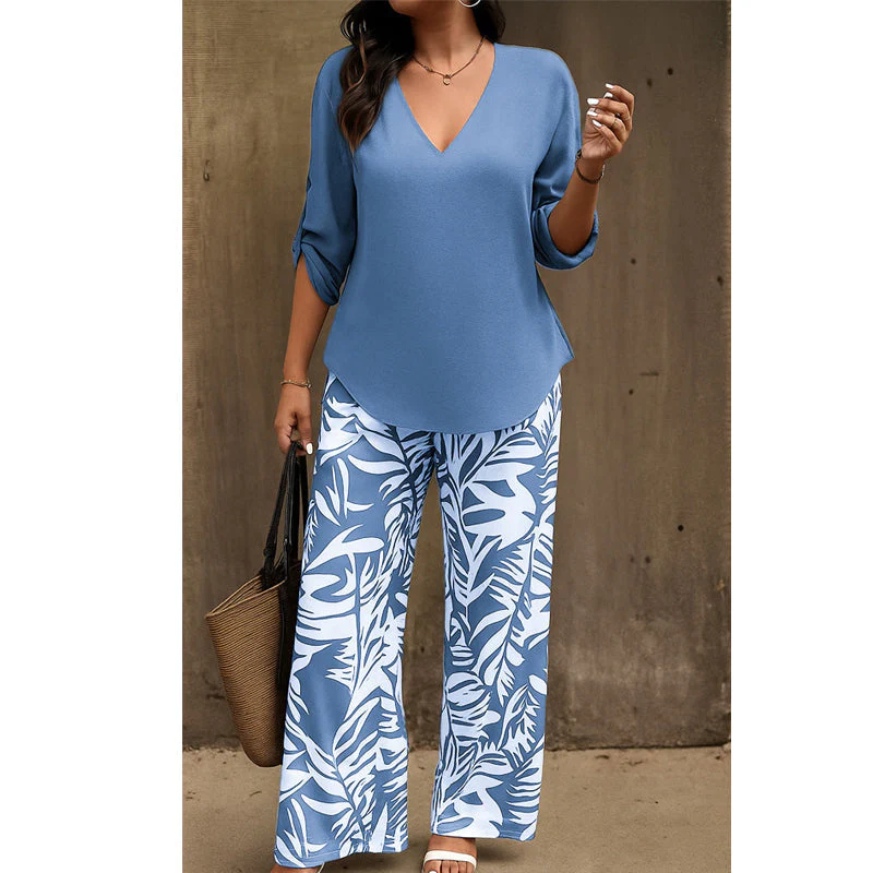 Vinella™ – Elegant V-Neck Top & Leaf-Print Wide-Leg Pants Set + 50% OFF - Image 9